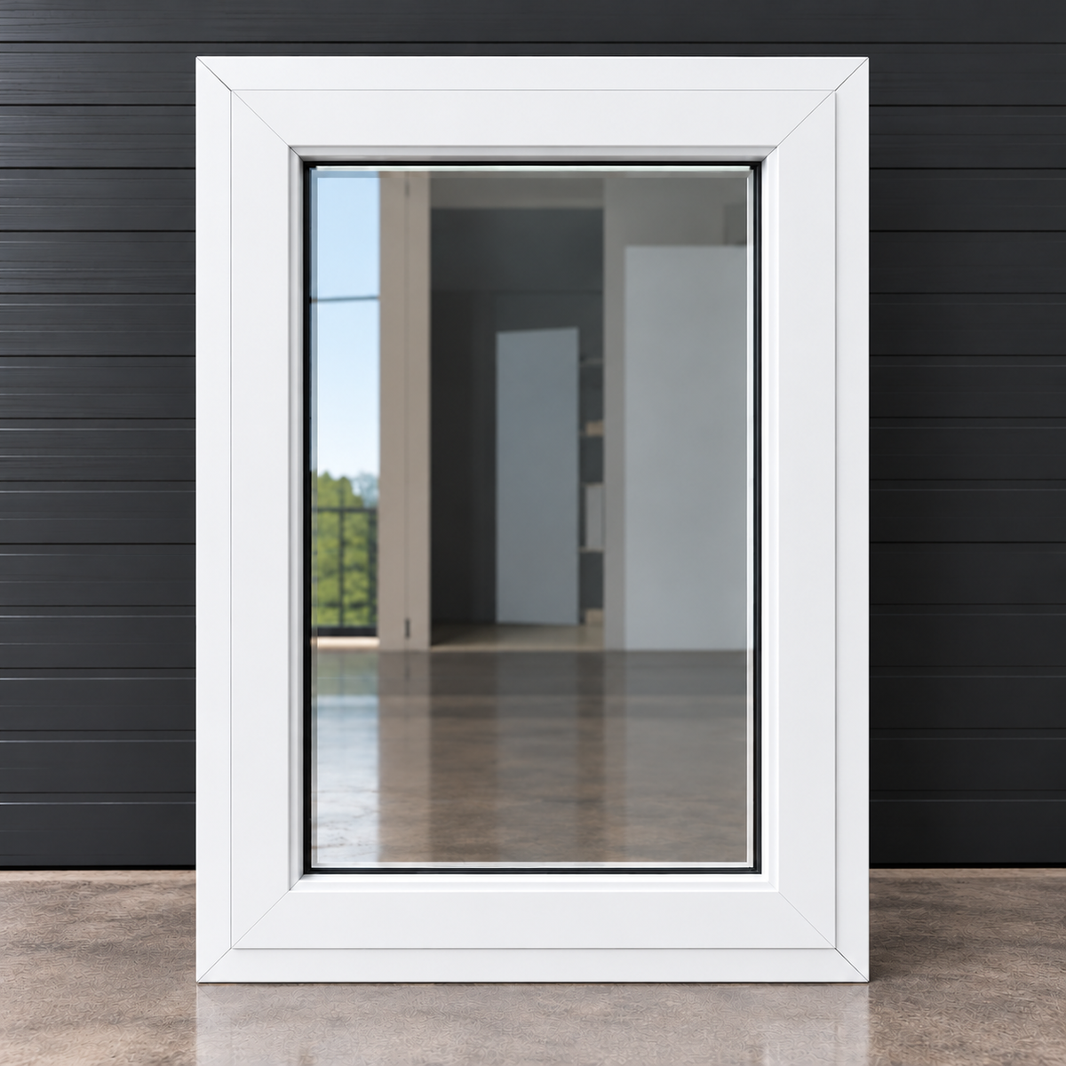 A white-framed window or door with a large glass panel, shown standing against a dark gray wood-paneled wall on a concrete floor. The glass reflects an interior space.