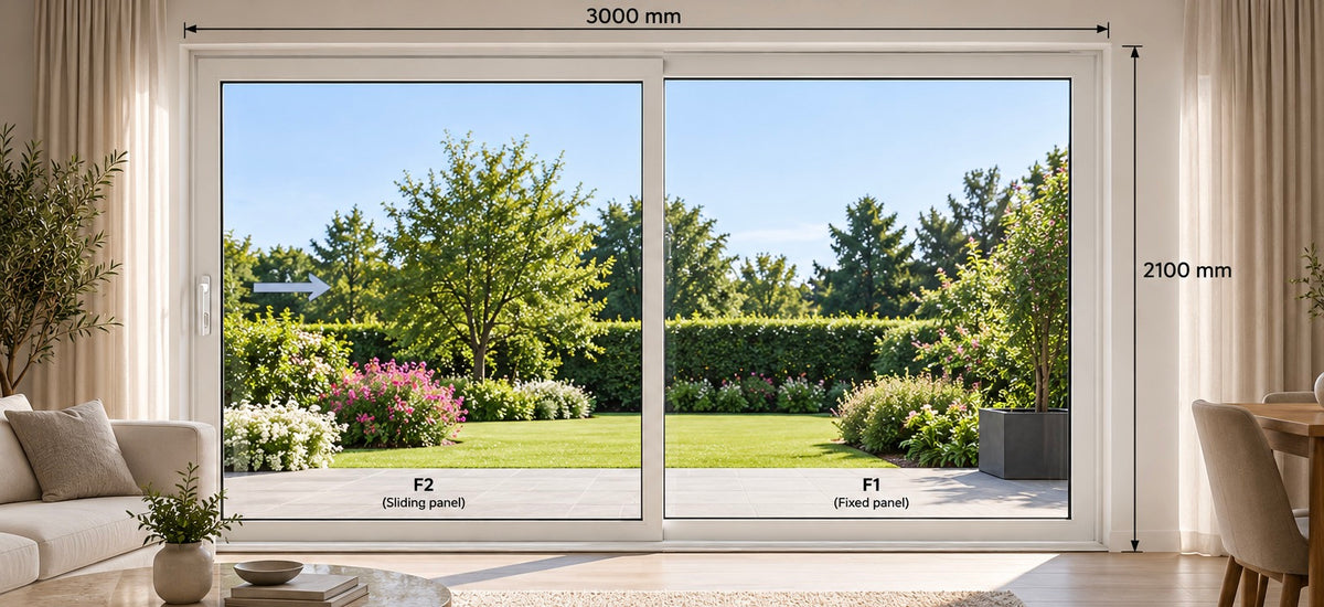 White sliding glass patio doors shown installed in a bright living room, with a landscaped garden visible outside. Dimension labels indicate 3000 mm width and 2100 mm height, with panel labels P2 and F1.