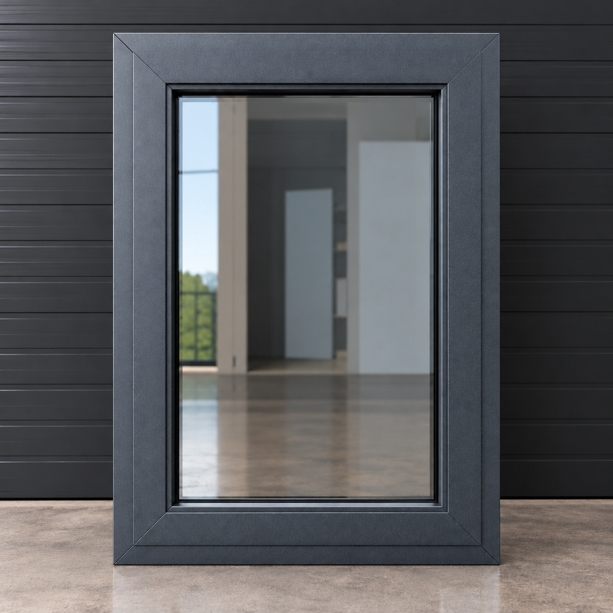 A dark charcoal gray metal window frame with a reflective glass pane, standing upright against a black horizontal-slat wall on a concrete floor.