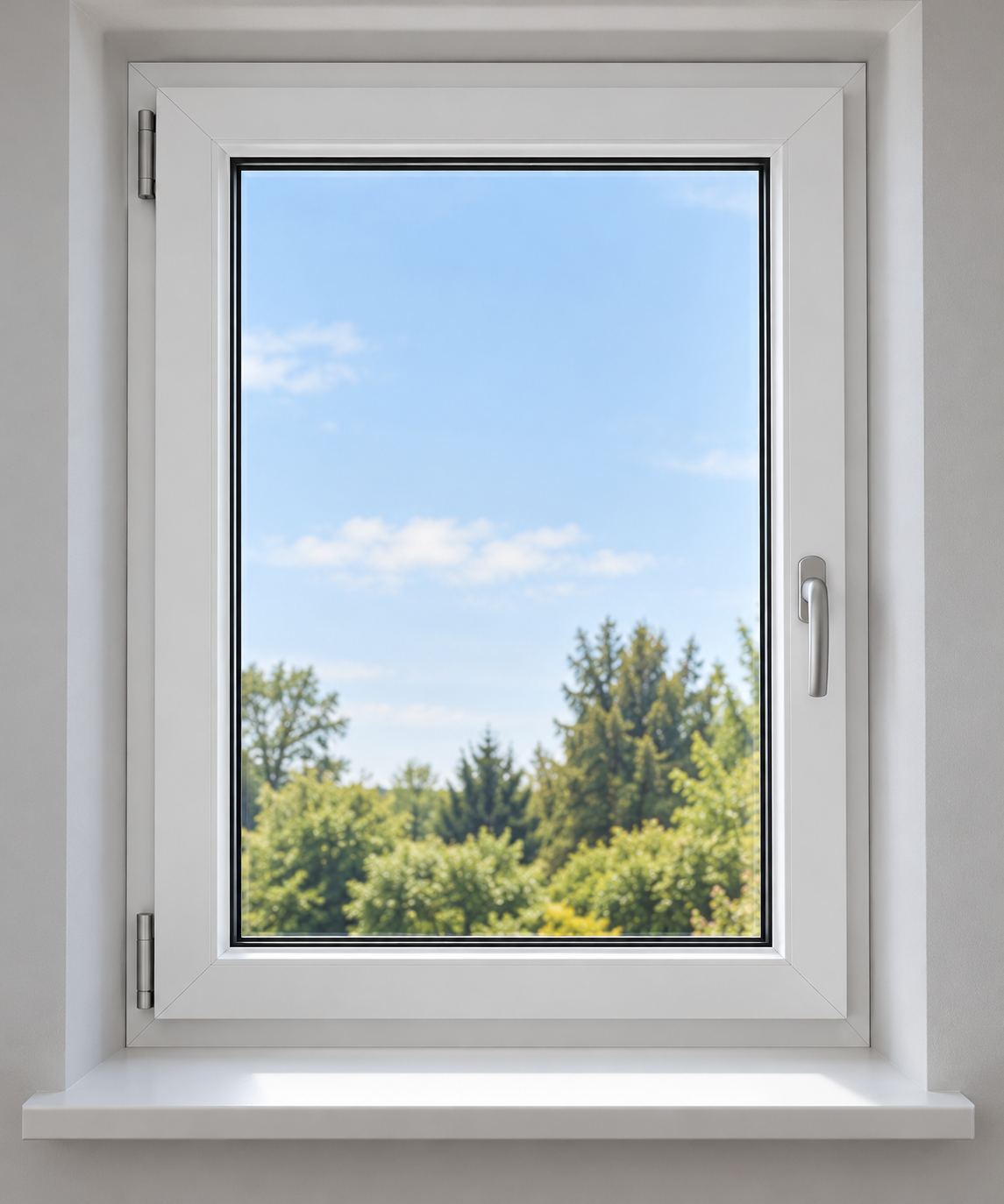 A white aluminum window with a black frame, shown installed in a white wall. Through the glass, a bright blue sky with white clouds and green trees are visible.