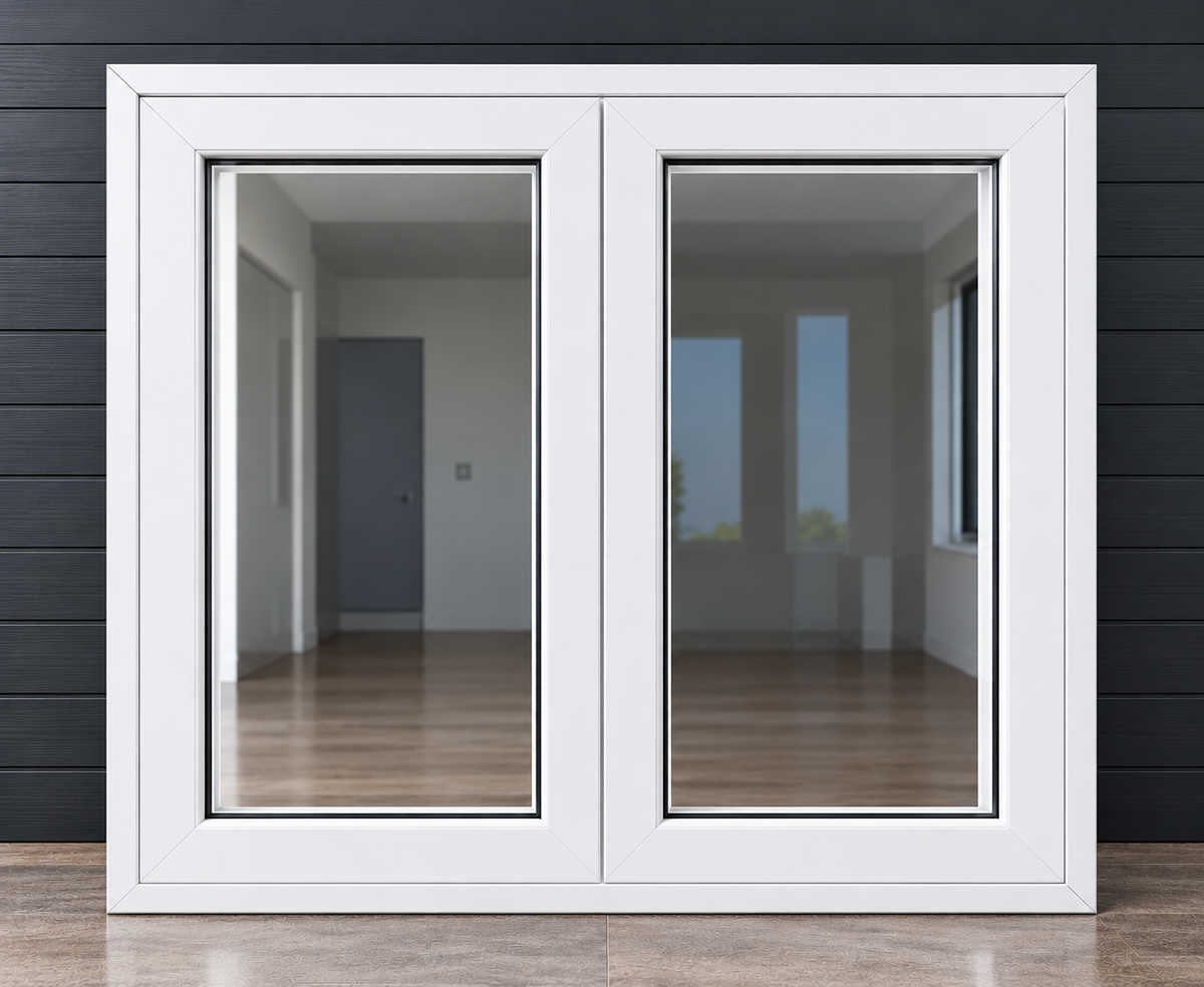A pair of white double-glass doors or patio doors with slim black frames, set against a dark gray wood-paneled wall and a light wood floor.