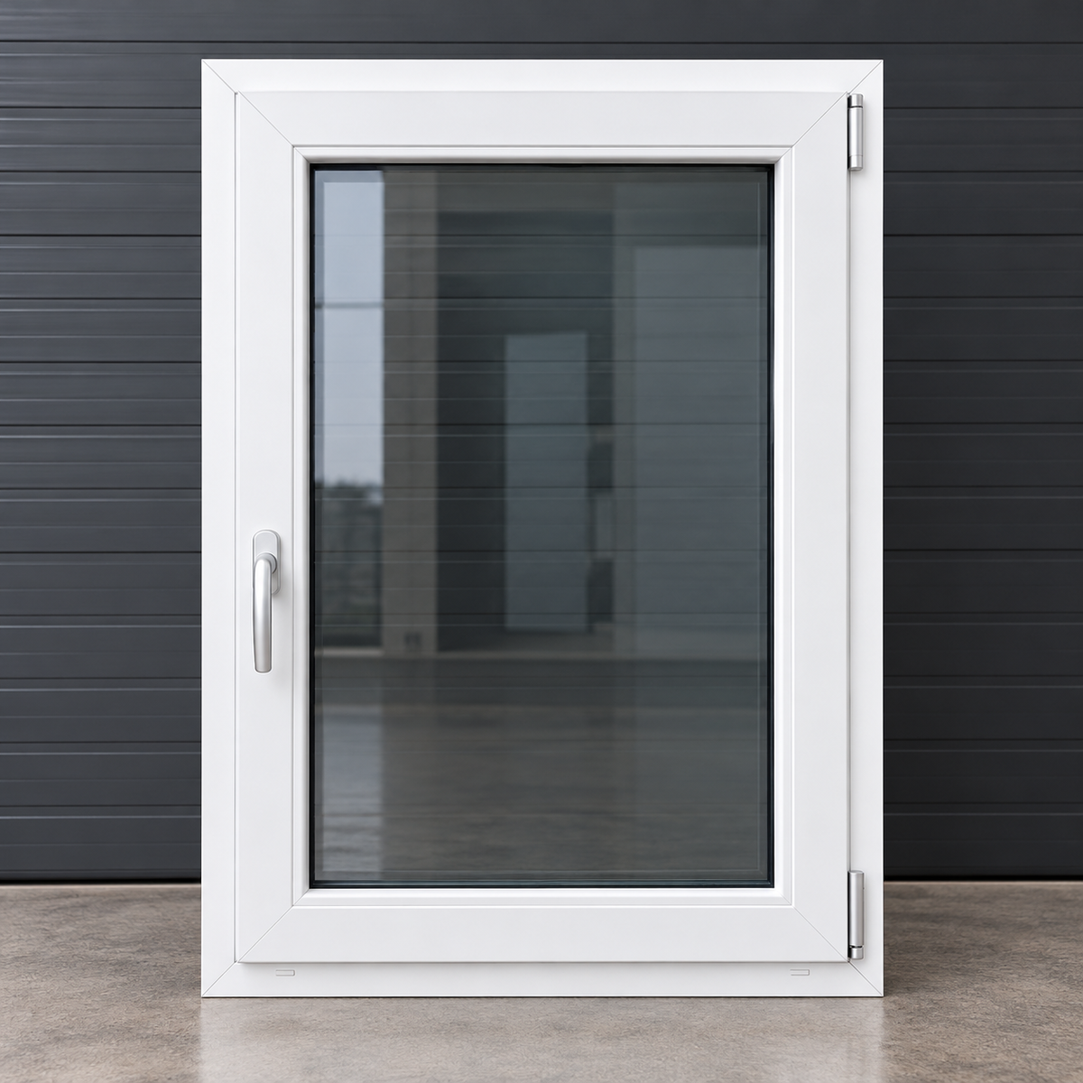 A white single-pane aluminum window with a silver handle, shown standing upright against a dark gray paneled wall.