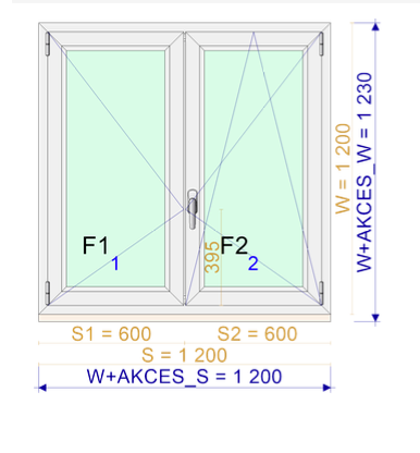 Technical dimension diagram of a double-glass window, showing measurements for width (W), total width (W+AKCES_W), and total height (W+AKCES_S), with labeled panes F1 and F2 and dimension values in millimeters.