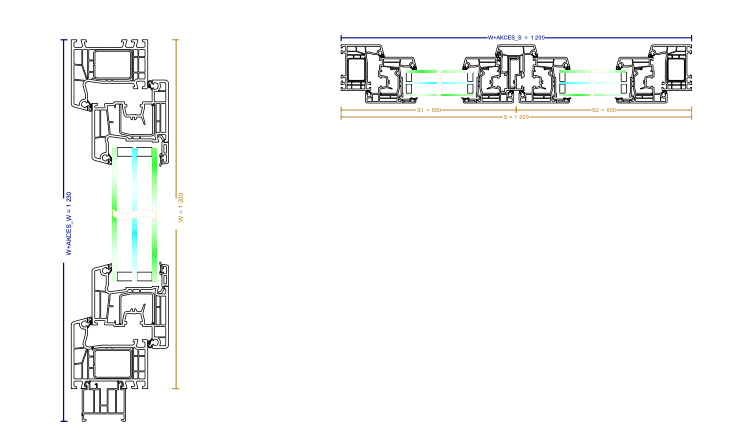 Technical cross-section diagram of a window or door frame profile with dimensions, shown on a white background. The left side features a detailed vertical profile with green and blue highlighted sections, and the right side shows a horizontal section view with labeled measurements.