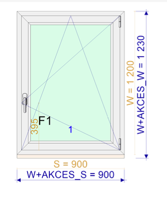 A technical dimension diagram of a window frame, showing a side-hung paneled window with labeled measurements including W = 1200, S = 900, and W+AKCES_W = 1230, plus a green shaded pane area and blue line overlays.