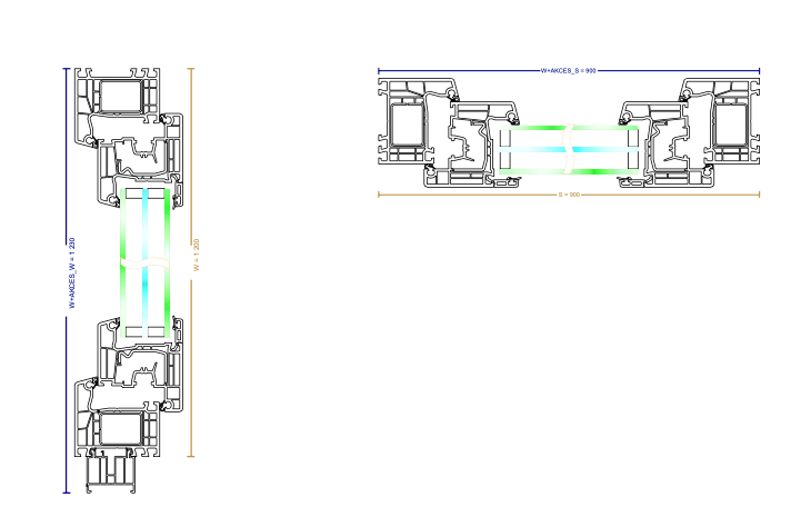 Technical cross-section diagram of a window frame profile with dimension annotations, showing the inner structure and thermal break-through area highlighted in green and blue.