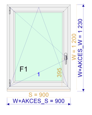 A technical window diagram showing a white-framed window with a pale green glass pane, labeled dimensions and measurements such as W, S, and F1 on a white background.