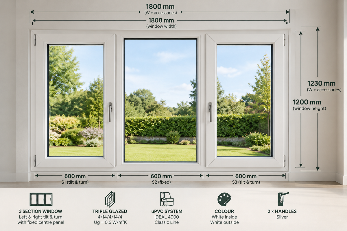 White uPVC Triple Glazed Window – 1800 × 1200 mm – 3 Section