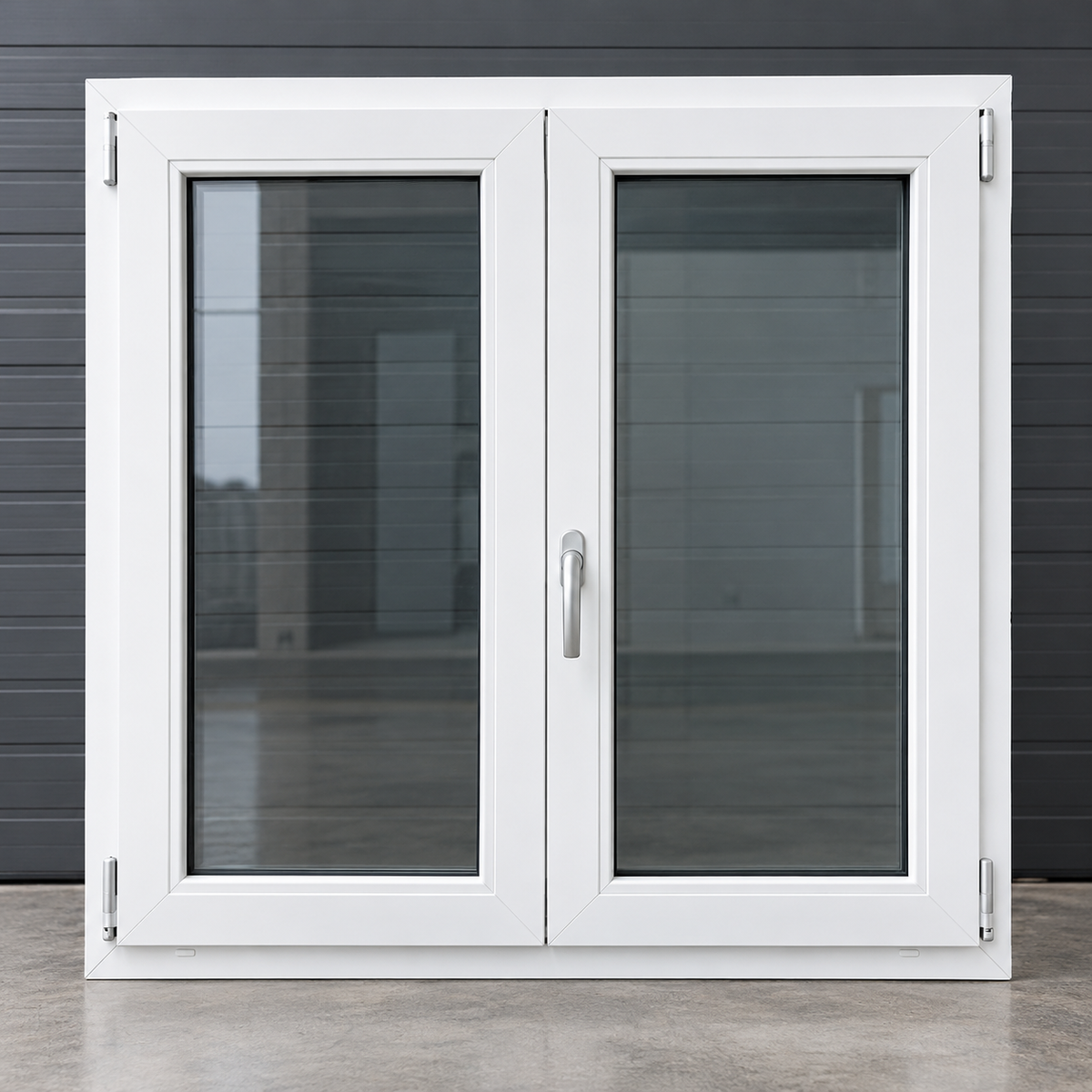 A white double door window or patio door with two large glass panels and a central handle, shown standing against a dark gray paneled wall on a light concrete floor.